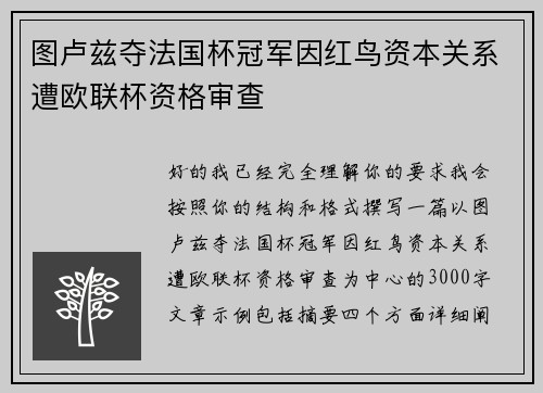 图卢兹夺法国杯冠军因红鸟资本关系遭欧联杯资格审查