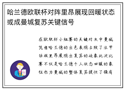 哈兰德欧联杯对阵里昂展现回暖状态或成曼城复苏关键信号 哈兰德欧联杯对阵里昂展现回暖状态或成曼城复苏关键信号